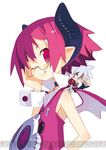  1girl :q adjusting_eyewear bat_wings demon disgaea glasses harada_takehito horns makai_senki_disgaea_3 mao_(disgaea) one_eye_closed pink_eyes pink_hair raspberyl red_eyes round_eyewear short_hair third-party_edit third-party_watermark tongue tongue_out white_hair wings 