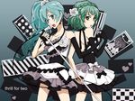  alternate_hairstyle aqua_eyes aqua_hair back-to-back dress elbow_gloves flower gloves green_eyes green_hair gumi hatsune_miku long_hair meka microphone microphone_stand multiple_girls ponytail rose short_dress thrill_for_two_(vocaloid) vocaloid 