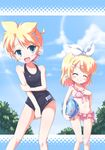  1girl bad_id bad_pixiv_id ball beachball bikini blonde_hair blue_eyes brother_and_sister closed_eyes crossdressing day frilled_bikini frills headphones highres kagamine_len kagamine_rin morujii one-piece_swimsuit school_swimsuit siblings swimsuit twins vocaloid 