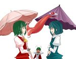  anger_vein antennae ascot bad_id bad_pixiv_id behelit blood bloody_tears blue_hair cape green_hair karakasa_obake kazami_yuuka licking multiple_girls ni_piao_xiancai parody plaid plaid_skirt plaid_vest purple_umbrella red_eyes saliva short_hair simple_background skirt skirt_set smile tatara_kogasa tongue touhou trait_connection umbrella vest white_background wriggle_nightbug 