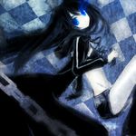  bad_id bad_pixiv_id belt bikini_top black_hair black_rock_shooter black_rock_shooter_(character) blue_eyes burning_eye chain coat gloves long_hair midriff navel pale_skin shorts solo strib_und_werde twintails 