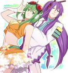  1girl \m/ bad_id bad_pixiv_id belt fujiwara goggles green_eyes green_hair gumi headphones headset kamui_gakupo long_hair midriff navel ponytail purple_eyes purple_hair skirt smile vocaloid wing_collar wrist_cuffs 