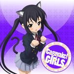  album_cover animal_ears black_hair brown_eyes cat_ears cat_tail cover highres k-on! long_hair mzd421 nakano_azusa neck_ribbon paw_pose red_ribbon ribbon school_uniform solo tail twintails 