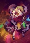 ana_(rznuscrf) bat_wings blonde_hair bobby_socks carrying flandre_scarlet glowing hat hat_removed headwear_removed highres hug mary_janes multiple_girls one_eye_closed open_mouth purple_hair red_eyes remilia_scarlet shoes siblings sisters smile socks touhou transparent wings 