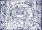  face flandre_scarlet graphite_(medium) hand_on_own_face hat looking_at_viewer monochrome one_side_up ponytail sakino_shingetsu skull solo touhou traditional_media upper_body wings 