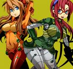  bodysuit glasses green_bodysuit hand_on_hip hcsb long_hair lowres makinami_mari_illustrious mecha multicolored multicolored_bodysuit multicolored_clothes multiple_girls neon_genesis_evangelion orange_bodysuit plugsuit rebuild_of_evangelion red_bodysuit see-through shikinami_asuka_langley short_hair souryuu_asuka_langley test_plugsuit 