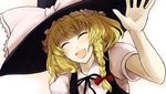  blonde_hair braid closed_eyes hair_ribbon hands hat kazu kirisame_marisa open_mouth ribbon smile solo touhou witch_hat 