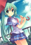  bad_id bad_pixiv_id green_eyes green_hair hatsune_miku long_hair peach_(momozen) school_uniform serafuku skirt solo twintails umbrella vocaloid 