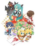  3girls aqua_eyes aqua_hair asturiki_jiwo bad_id bad_pixiv_id blonde_hair blood blue_eyes blue_hair blue_scarf brown_eyes brown_hair card castle cat chibi crown dress flower grin hair_ribbon hatsune_miku heart hitobashira_alice_(vocaloid) kagamine_len kagamine_rin kaito long_hair lying_card meiko multiple_boys multiple_girls mushroom ribbon rose scarf short_hair siblings sitting smile socks striped striped_scarf twins twintails very_long_hair vocaloid 