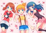  blue_eyes blue_hair brown_hair cubexcube flower gym_leader haruka_(pokemon) hikari_(pokemon) kasumi_(pokemon) long_hair midriff multiple_girls orange_hair petals pokemon pokemon_(anime) short_hair shorts side_ponytail skirt smile suspenders 