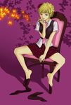  aikabocha bad_id bad_pixiv_id barefoot beatrice blonde_hair blue_eyes bug butterfly chair feet insect kiseru necktie pink_neckwear pipe sitting skirt solo spread_legs striped striped_legwear thighhighs umineko_no_naku_koro_ni 