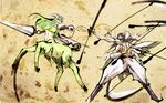  1girl arrancar battle black_hair bleach centaur espada faux_traditional_media green_eyes green_hair horns ikuyoan lance long_hair multiple_arms nelliel_tu_odelschwanck nnoitra_gilga polearm resurreccion shoulder_pads skull torn_clothes weapon 