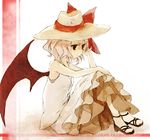  bad_id bad_pixiv_id bare_arms bare_shoulders bow dress full_body hat hat_bow lowres red_bow remilia_scarlet rin_(royal) sitting sleeveless sleeveless_dress solo touhou wings 