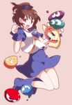  arle_nadja bad_id bad_pixiv_id blue_skirt boots brown_eyes brown_hair carbuncle_(puyopuyo) flat_chest half_updo ira96 madou_monogatari pink_background puyo_(puyopuyo) puyopuyo short_hair skirt solo 