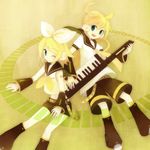  1girl blonde_hair bow brother_and_sister detached_sleeves green_eyes hair_bow instrument kagamine_len kagamine_rin keytar koto_(colorcube) one_eye_closed sailor_collar short_hair siblings twins vocaloid yellow 