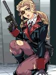  blonde_hair epaulettes eyepatch gloves gun heckler_&amp;_koch lowres military military_uniform mk_23_pistol one_knee original pantyhose ponytail punpun solo torn_clothes torn_legwear uniform weapon 