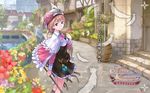  2009 atelier_(series) atelier_rorona barrel blue_eyes brown_dress brown_hair company_name copyright_name dress flower hat highres holding house kishida_mel logo official_art outdoors rororina_fryxell smile solo staff standing translation_request wallpaper watermark widescreen 