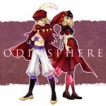  1girl bad_id bad_pixiv_id blonde_hair brother_and_sister cape chain copyright_name crossed_arms feathers hat_feather hood ingway_(odin_sphere) midriff nanashi_(nestica) odin_sphere pantyhose purple_eyes shoes siblings sword turban velvet_(odin_sphere) weapon 