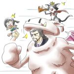  1boy 1girl beard black_hair cait_sith cape cat costume crown facial_hair fang final_fantasy final_fantasy_vii maru_isu megaphone midriff moogle necktie parody pinky_out reeve_tuesti short_hair shorts sketch surprised wings yuffie_kisaragi 