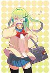  alternate_costume bag_charm beamed_eighth_notes black_legwear blue_eyes blue_skirt charm_(object) contemporary domotolain doughnut food frog green_hair hakurei_reimu half_note headset kochiya_sanae long_hair looking_at_viewer mouth_hold musical_note one_eye_closed pleated_skirt pon_de_ring school_uniform sixteenth_note skirt solo thighhighs touhou yukkuri_shiteitte_ne zettai_ryouiki 