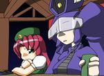  blindfold crossover genha5 green_eyes hong_meiling multiple_girls red_hair shockwave_(transformers) touhou transformers what 