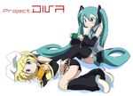  aqua_eyes aqua_hair bad_id bad_pixiv_id blonde_hair detached_sleeves hair_ornament hair_ribbon hairclip handheld_game_console hatsune_miku headphones kagamine_rin long_hair lying massala multiple_girls necktie on_side playing_games playstation_portable project_diva_(series) ribbon short_hair sitting skirt thighhighs twintails very_long_hair video_game vocaloid zettai_ryouiki 