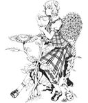  ascot chair cup flower full_body greyscale kazami_yuuka loafers monochrome plaid plaid_skirt plaid_vest saucer shoes short_hair sitting skirt skirt_set solo sousou_(sousouworks) sunflower tea teacup touhou vest 