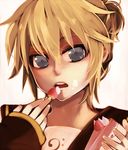  blonde_hair blue_eyes cake cream food fruit kagamine_len male_focus mukkun pastry solo strawberry vocaloid 