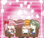  artist_request chibi hair_ribbon haramura_nodoka kataoka_yuuki kiyosumi_school_uniform mahjong miyanaga_saki multiple_girls playing_games ribbon saki school_uniform serafuku smile someya_mako sparkle twintails 