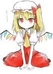  bad_id bad_pixiv_id blonde_hair bow flandre_scarlet haruno_tomoya hat kneeling one_side_up red_eyes short_hair sitting sketch solo staring touhou v_arms wariza wings 