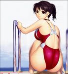  ass black_hair breasts brown_eyes competition_swimsuit from_behind highleg highleg_swimsuit iruma_kamiri large_breasts looking_at_viewer looking_back non-web_source one-piece_swimsuit original ponytail pool pool_ladder short_hair smile solo squatting swimsuit water wet 