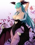  animal_print aqua_eyes aqua_hair armpits arms_up bangs banned_artist bat bat_print bat_wings blood blunt_bangs breasts cleavage demon_girl demon_wings elbow_gloves gloves harano head_wings heart large_breasts licking_lips lipstick long_hair makeup morrigan_aensland pantyhose print_legwear solo succubus tongue tongue_out vampire_(game) wings 