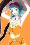  armpits arms_up banned_artist belt blush bra bra_on_head frills gathers goggles green_eyes green_hair gumi harano headset lingerie object_on_head orange_background short_hair skirt smile solo underwear vocaloid wing_collar wrist_cuffs 