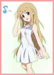  bag between_breasts blonde_hair blue_eyes breasts casual dress eighth_note face handbag ikari_manatsu k-on! kotobuki_tsumugi long_hair musical_note solo strap_cleavage 