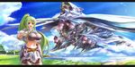  :d aircraft airship armor belt bike_shorts blue_sky breasts cloud day fantasy flying green_hair happy highres huge_breasts letterboxed long_hair midriff navel ocean open_mouth original perky_breasts pointing ponytail sachito sky smile solo standing sumi-chan_(sachito) yellow_eyes 