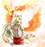  bad_hands bad_id bad_pixiv_id bird bow fiery_wings fire fujiwara_no_mokou hair_bow hand_in_pocket long_hair long_neck pants phoenix red_eyes solo suspenders touhou very_long_hair vitaminlemon white_hair wings 