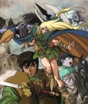  5boys 90s \n/ aqua_hair armor beard belt black_hair blonde_hair blue_eyes boots cape circlet deedlit dress elf etoh everyone facial_hair fantasy ghim gloves green_eyes hat highres knife long_hair multiple_boys official_art open_mouth parn pointy_ears record_of_lodoss_war short_dress short_hair slayn staff sword very_long_hair weapon white_hair woodchuck yuuki_nobuteru 