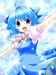  blue_eyes blue_hair cirno light_particles looking_at_viewer misato_miyu outstretched_arms short_hair solo spread_arms touhou wings 