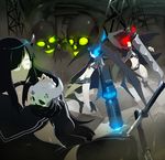  arm_cannon bad_id bad_pixiv_id bat_wings belt bikini_top black_devil_girl black_gold_saw black_hair black_rock_shooter black_rock_shooter_(character) blue_eyes boots burning_eye coat dead_master demon_girl flat_chest glasses glowing glowing_eyes gun horns katana king_saw long_hair luli midriff multiple_girls navel red_eyes shorts skull sword twintails weapon wings 