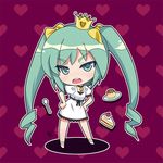  cake chibi crown disapproving_stare food green_eyes green_hair hands_on_hips hatsune_miku kaizeru long_hair lowres pastry pudding solo spoon twintails vocaloid world_is_mine_(vocaloid) 