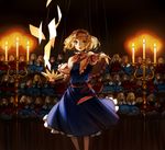 alice_margatroid blonde_hair blue_eyes book candle capelet doll esukee floating flying_paper foreshortening hairband hat holding hourai_doll paper pointing shanghai_doll short_hair solo standing string touhou 