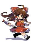  ahoge bad_id bad_pixiv_id black_footwear blush_stickers bow brown_eyes brown_hair chibi detached_sleeves floating_hair full_body hair_bow hakurei_reimu long_hair long_sleeves looking_at_viewer open_mouth outstretched_arms red_skirt ribbon-trimmed_sleeves ribbon_trim short_hair simple_background skirt solo standing touhou upper_teeth white_background white_legwear wide_sleeves zankuro 