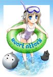  ball barefoot beachball blue_eyes diving_mask diving_mask_on_head dog fang innertube kouno_iku little_busters! long_hair noumi_kudryavka one-piece_swimsuit school_swimsuit silver_hair snorkel solo strelka swimsuit toy wading water white_school_swimsuit white_swimsuit 