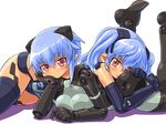  bad_id bad_pixiv_id blue_hair busou_shinki dd_(ijigendd) doll_joints head_on_butt lying multiple_girls pointy_ears red_eyes short_hair strarf twintails valona 