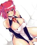  alternate_costume bare_shoulders between_breasts breasts cleavage dream_c_club dream_c_club_(series) fang food large_breasts onozuka_komachi pocky red_hair short_hair sitting solo spread_legs thighs touhou two_side_up yurikawa 