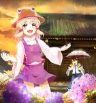  bad_id bad_pixiv_id blonde_hair flower green_hair hat hydrangea kochiya_sanae moriya_suwako multiple_girls rain shrine thighhighs touhou umbrella yuuyuu_(yuko) 