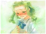  bad_id bad_pixiv_id bangs blue_bow blue_neckwear blush bow bowtie clenched_teeth clothes_grab collared_shirt crying crying_with_eyes_open flat_chest green_background green_eyes green_hair gumi half-closed_eyes hand_on_own_chest kimi_ni_gomen_ne_(vocaloid) looking_down sad shirt short_hair sidelocks solo streaming_tears tears teeth upper_body utility_pole_(artist) vocaloid white_shirt 