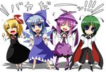  antennae blonde_hair blue_eyes blue_hair cirno closed_eyes green_eyes green_hair hair_ribbon hat mizuki_(lv43) multiple_girls musical_note mystia_lorelei pink_hair ribbon rumia team_9 touhou wriggle_nightbug 