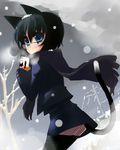  animal_ears black-framed_eyewear black_hair black_legwear black_scarf blue_eyes cat_ears cat_tail glasses jacket miniskirt original scarf shin_(new) short_hair skirt solo tail thighhighs 