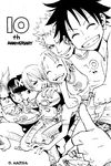  6+boys anniversary black_hair everyone franky goggles goggles_on_head greyscale group_hug hair_over_one_eye hug kajisa_osamu monkey_d_luffy monochrome multiple_boys multiple_girls nami_(one_piece) nico_robin one_piece parody roronoa_zoro sanji scar short_hair sunglasses tony_tony_chopper usopp 